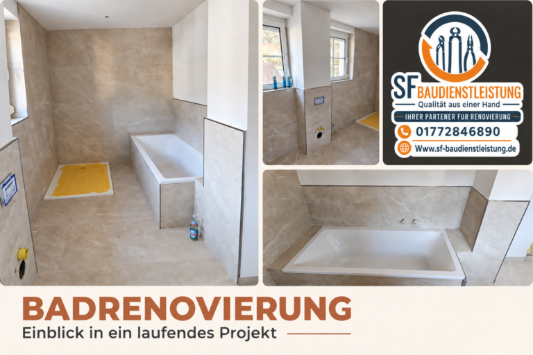 Bildcollage einer laufenden Badrenovierung mit gefliesten Wänden und Badewanne